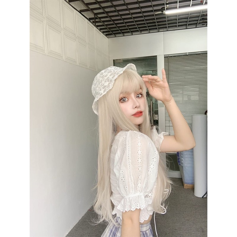 Semi-long, Beige x White Wig, Women's, Wig, Straight, Natural, Harajuku
