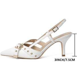 Mostrin White Slingback Kitten Heels for Women Studded Heeled Pumps Pointed Closed Toe Heels Vintage Stiletto Pumps Shoes Size 7