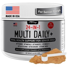 iHeartDogs 24-in-1 Senior Multivitamin Daily+ Total Health Support Powder with Probiotics, Omega-3, Glucosamine, Mushrooms & Bone Broth- 60 Servings