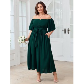 SCOMCHIC Womens Plus Size Formal Maxi Dress Off The Shoulder Wedding Guest Cocktail A-Line Split Long Dress with Pockets Emerald Green