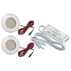 JungesLicht Set of 2 Furniture Lights Tim 2 Watt Warm White 3000 K 200 Lumen for 54-58 mm Holes Ultra Flat 11 mm Installation Depth Transformer with 3x Amp Connections and Power Cable Dimensions 103 x 41 x 12 mm Plug-In System