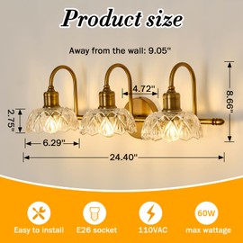 UOFUS Gold Vintage Vanity Light 3 Lights Bathroom Lighting Fixtures Over Mirror with Clear Glass Shade