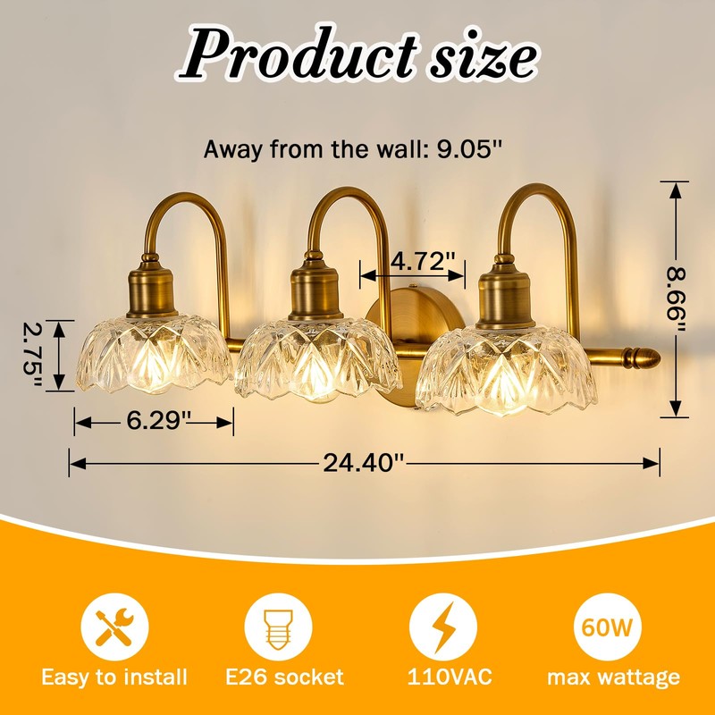 UOFUS Gold Vintage Vanity Light 3 Lights Bathroom Lighting Fixtures