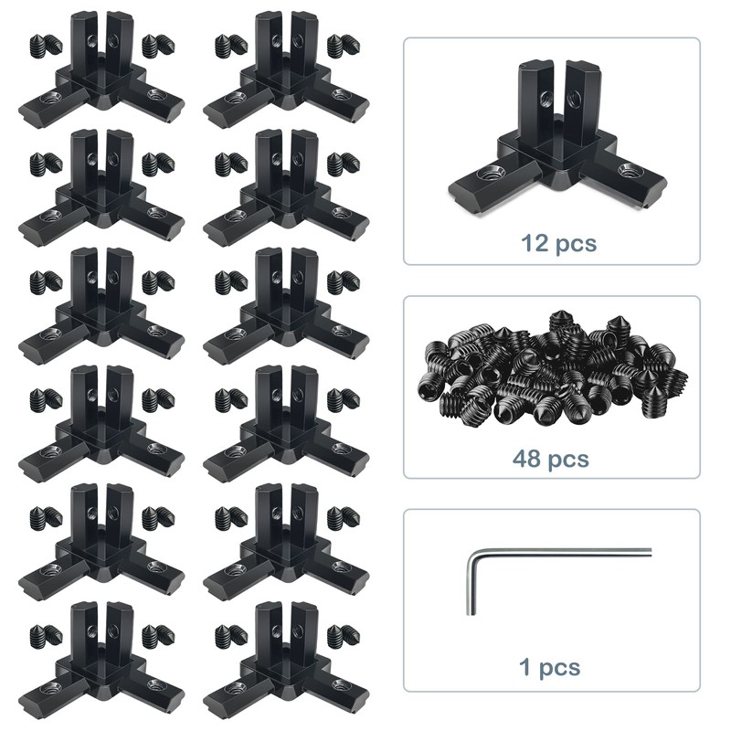 12pcs Black 3 Way End Corner Angle Connector with Screws