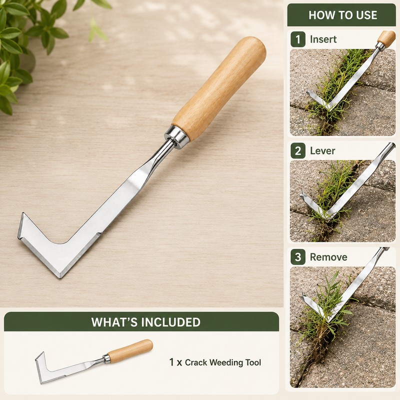Stainless Steel Crack Weeder with Wood Handle – 11-Inch L-Shaped