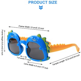 2 Pack Dinosaur Cartoon Sunglasses for Kids Aged 2-6, Blue Yellow and drak Lenses, Polarized UV Protection Secure Fit for Outdoor Adventures