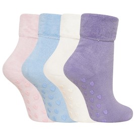 Soxy Super Soft Ladies Bed Socks - 4 Pack - Women's Fleece Lined Brushed Thermal Slipper Socks - Anti Slip with Gripper Sole - Assorted Colours - UK Shoe Size 4-6