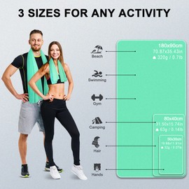 Flaveano Microfibre Towel, Travel Towel Set of 3 (180x90cm, 80x40cm, 50x30cm), Quick Drying for Camping, Swimming, Beach, Gym And Sports (70.9”x35.4”, 31.5”x15.8”, 19.7”x11.8”) - Light Green