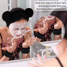 AHONEY Spa Bear Ears Headband, Face Wash Headband and Wristband Set, Cute Makeup Skincare Headbands Wrist Bands for Washing Face Elastic Fluffy Headband for Women Girls Cosmetic (Black)