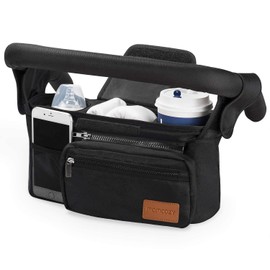 Momcozy Baby Pushchair Organiser, 2 Insulated Cup Holder，Detachable Zippered Pocket, Adjustable Shoulder Strap, Large capacity for baby essentials, Compact Design Fits Any Pram Handlebar(Black)