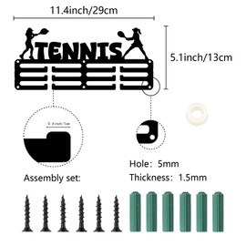 CREATCABIN Tennis Medal Holder Hangers Medal Display Rack Organizer Small Metal Sports Awards Medal Shelf Frame Medal Ribbon Plaques Hanger Wall Mounted for Race Athlete Black 11.4x5Inch