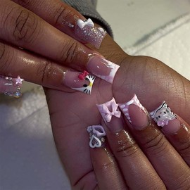 24PCS Nails French Tip - Pink French Tip False Nails - Square Press on nails Long Stick on Nails with 3D Cartoon Pattern Design Nail Art Glossy Full Cover False Nails with Glue