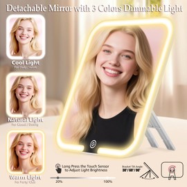 Junyaoxuan Travel Makeup Bag with LED Mirror,Travel Makeup Organizer with Removable LED Mirror,Makeup Case with Lighted Mirror 3 Color Setting,Pink