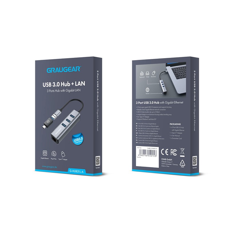 GRAUGEAR | 3 Ports USB 3.0 HUB + Gigabit Ethernet