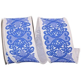 Reliant Ribbon 93861W-685-40F Regal Filigree Printed Dupioni Wired Edge Ribbon, 2-1/2 Inch X 10 Yards, White/Blue