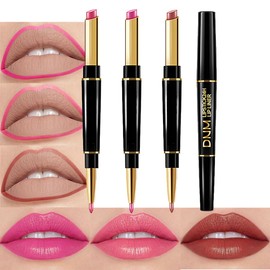 BINGBRUSH 2 IN 1 Lip Liner & Lipstick Makeup Set, Dark Red Matte Metallic Lipliner Set for Black Mature Women Waterproof Long Lasting Gift Set (3Pcs Set16-Shine: 43#44#45#, 3Pcs)