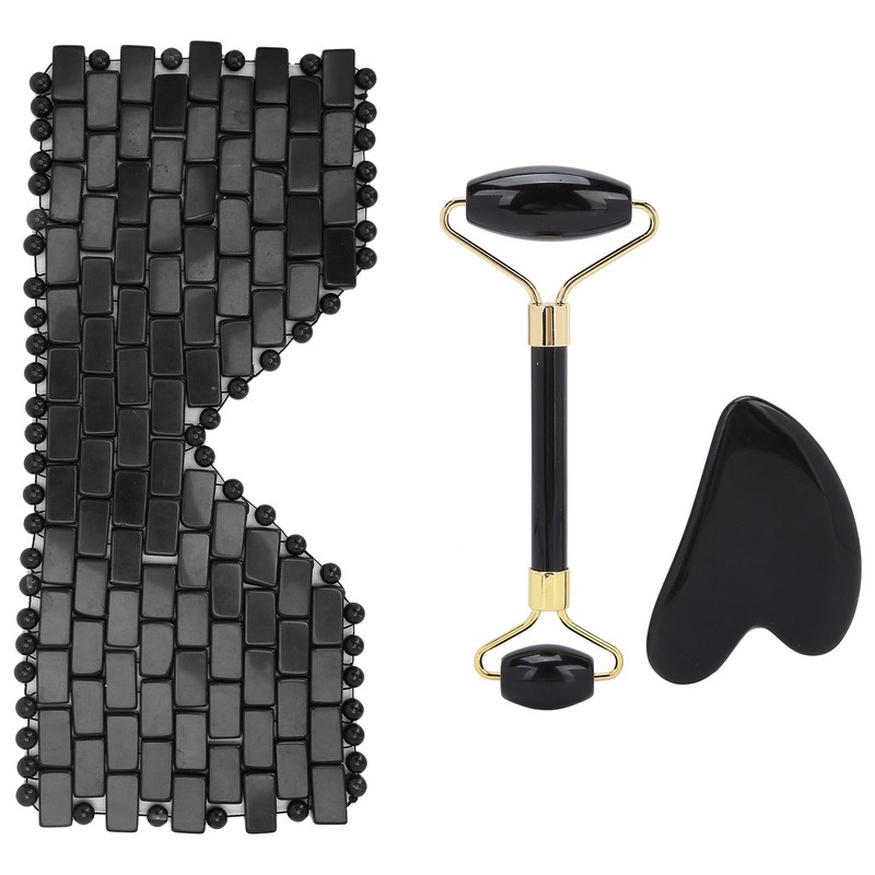 3pcs Obsidian Facial Roller Gua Sha Board Therapy Blindfold Beauty