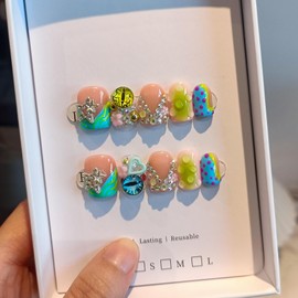 TENPAL V-Shape French Tips Square Nails,Acrylic Press on Nails with 10pcs Kit,Sweet Edgy Y2K Hand-Painted Art False Nails,Neon Yellow-Green Fake Nails with 3D Stars, Hearts, Rhinestones Flowers(S)
