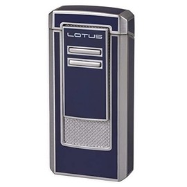 Lotus Commander Cigar Lighter with Triple Pinpoint Wind-Resistant Torch Flames, All Metal Housing, Integrated 9 mm Cigar Punch, Tinted Fuel Level Window (Blue Lacquer & Chrome)