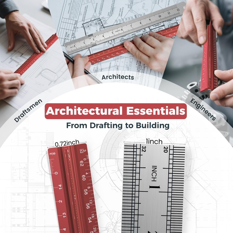 Architectural Scale Ruler 12 Inch: 2-Pack 12" Aluminum Triangle Ruler