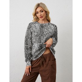 Livtany Women's Leopard Print Loose Fit Sweatshirt Crew Neck Long Sleeve Blouse Casual Distressed Hem Graphic Pullover Tops White