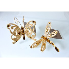 Gold Butterfly and Dragonfly Christmas Decoration (clip on) Set of 2