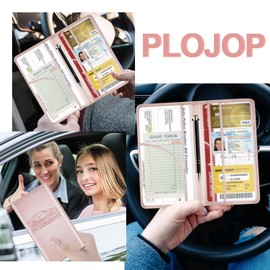 PLOJOP Car Registration and Insurance Card Holder, Leather Vehicle Insurance Card Holder Glove Box Compartment Organizer, Car Wallet Case for License Cards, ID Card, Business Card (Rose gold, L)