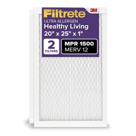 Filtrete 20x25x1 AC Furnace Air Filter, MERV 12, MPR 1500, CERTIFIED asthma & allergy friendly, 3 Month Pleated 1-Inch Electrostatic Air Cleaning Filter, 2-Pack (Actual Size 19.719x24.688x0.78 in)
