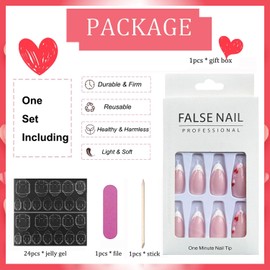 Valentinee Day Press on Nails Medium Almond Fake Nails White French Tips False Nail with Colorful Heart Design Valentinee Nail Decoration Acrylic Artificial Glue on Nails for Women Wedding Party Wear