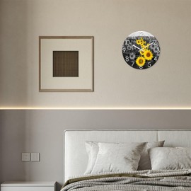 XFM Glass Sunflower Wall Clock for Office Kitchen Yellow Analog Wall Clocks Battery Operated 12 Inch Farmhouse Rustic Wall Clock Silent Non Ticking Artistic Wall Clock