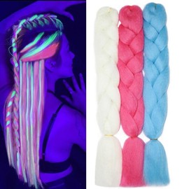 Orgwigs Colorful Braiding Hair Colored Jumbo Braiding Hair Extensions for Braiding 24inch 3pcs Muticolored Synthetic Braiding Hair Glow in the Dark Jumbo Braid Hair - Color: WhiteYellowLgreen