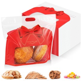 AmazingSpark 100 Pcs Christmas Bakery Gift Bags with Window 11.6 x 8.7 x 3.9 Inch, Red Bow Bread Bag with Handle & Zipper, Holiday Cookie Candy Treat Bags for Homemade Bread, Xmas Party Packaging