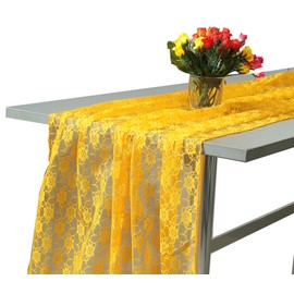 MDS Pack of 10 Wedding 27 x 120 inches Long Sheer lace Table Runner for Wedding Banquets Decorations Birthday Parties, Engagements, Rustic Boho for 10Ft Table Runners - Yellow Gold