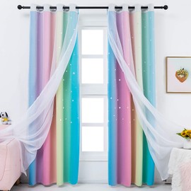 Anjee Star Curtains for Kids 2 in 1 Double Layer Blackout Curtains Grommets Top Star Cutout Ombre Rainbow Curtains Sheer for Living Room Girls Bedroom 2 Panels in 52 x 84 inch, Pink and Yellow