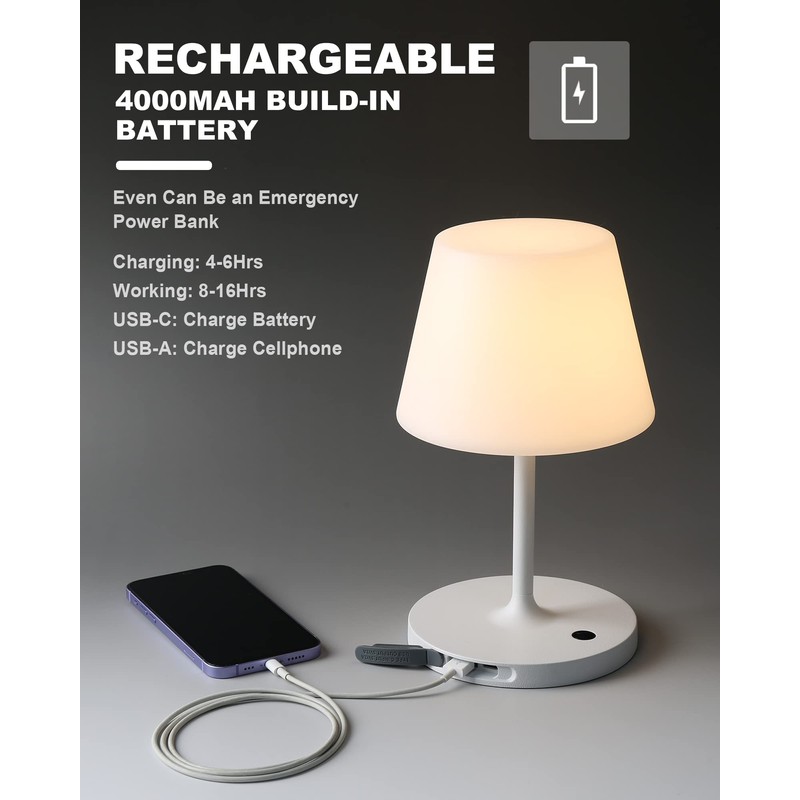 WEILAILUX Outdoor Battery Operated Table Lamp Waterproof, 4000mAh Cordless Table