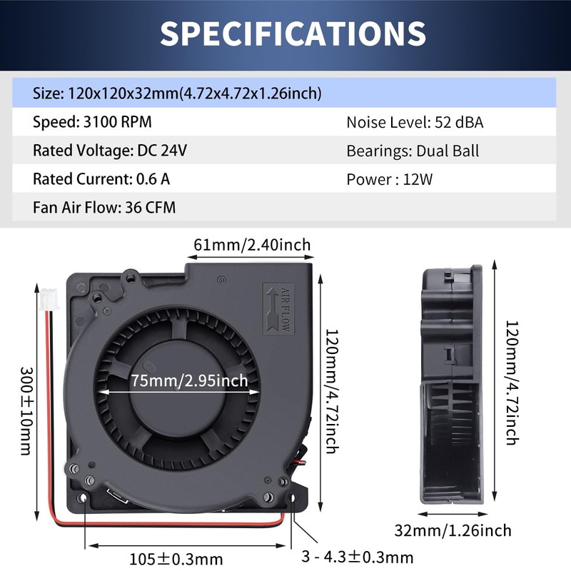 Wathai 120mm x 32mm 24V Centrifugal Small Blower Fan 24