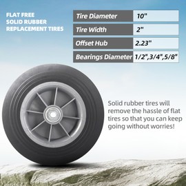 AR-PRO (2-Pack) 10'' x 2'' Flat Free Solid Rubber Tire and Wheel, 3/4" & 5/8" & 1/2" Axles Bore Hole with 2.23" Offset Hub, Replacement 10 Inche Wheel for Dolly Hand Trucks and Wheelbarrows