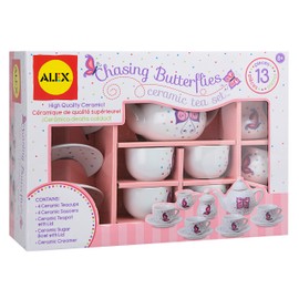 Alex Chasing Butterflies Ceramic Kids Tea Set, 13 Piece,Includes 4 teacups, 4 saucers, tea pot with lid, sugar bowl with lid and creamer