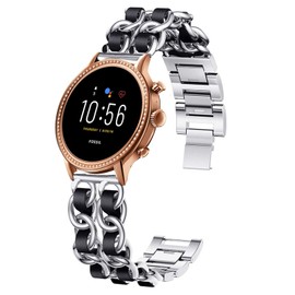 Compatible for Fossil Gen 5 Julianna Band, YOUkei Jewelry Chain Metal Wristband with Leather Compatible for Fossil Gen 5 Julianna Smartwatch (Silver-Black)