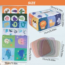 Baby Tissue Box Toy Soft Cute Cartoon Magic Tissue Box Preschool Children Sensory Development Toy with 3 Crinkle Tissues 8 Colorful Scarves for Baby Boy & Girl(Animal)