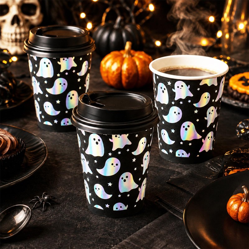 50 Set Halloween Disposable Coffee Cup & Lid, 8oz Holographic