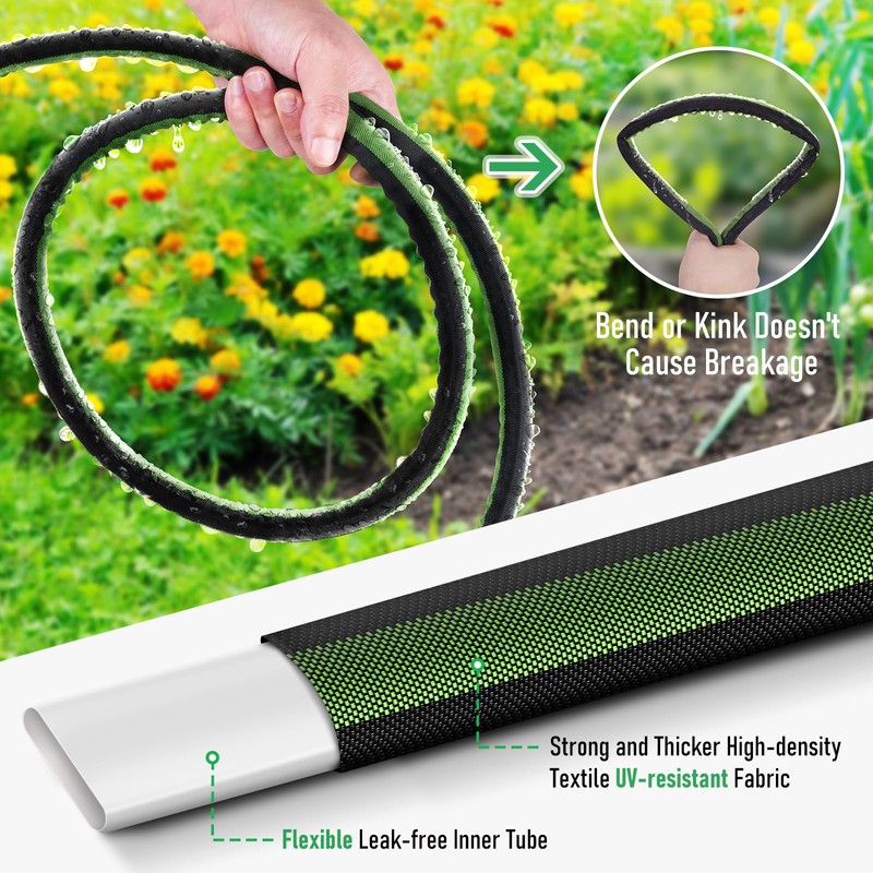 Flat Soaker Hose 50FT for Garden and Lawns, 80% Water-Saving