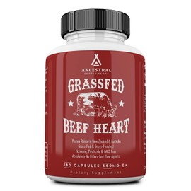 Ancestral Supplements Grass Fed Beef Heart (Desiccated) - Natural CoQ10, Supports Heart, Mitochondrial and Blood Pressure Health (180 Capsules)