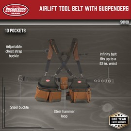 Bucket Boss - AirLift Tool Belt with Suspenders, Tool Belts - Original Series (50100) with 12 pockets, Brown , 52 Inch