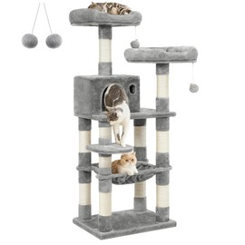 FEANDREA Cat Tree, Cat Tower for Indoor Cats, 56.3-Inch Cat Condo with Scratching Posts, Hammock, Plush Perch, Light Gray UPCT15W