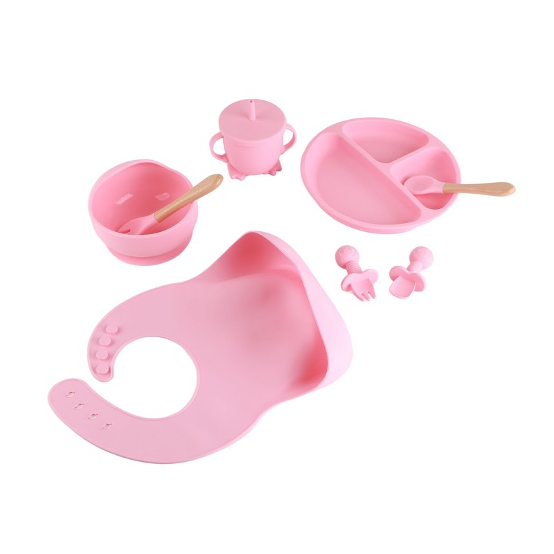 8 Pcs Silicone Baby Feeding Set Bib Suction Plate Bowl