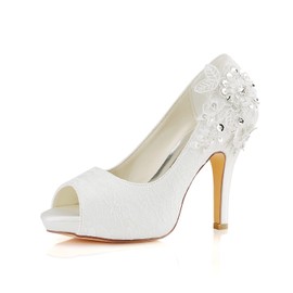 Emily Bridal 521-31-4 Women's Wedding Shoes Peep Toe 3.94 Inches Stiletto Heel Lace Satin Pumps with Rhinestone Imitation Pearl Sequin Lace Flower Bridal Shoes (EU36/5.5 B(M) US, Ivory)
