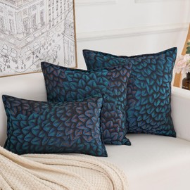 HERAYLI Premium Series Feather Jacquard Throw Pillow Cover, Luxurious Velvet Cushion Case for Bohemian & Elegant Décor, Covers Only, ‌Peacock Blue, 20x20 Inch