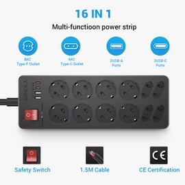 Steckdosenleiste Überspannungsschutz 12 Fach mit USB C,Mehrfachsteckdose mit Schalter,Mehrfachstecker mit 2 USB-C und 2 USB-A Steckdosenadapter Steckerleiste Wandmontage für Zuhause und Büro,Schwarz