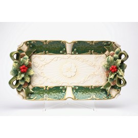 Cosmos Gifts 10302 Fine Ceramic Hand Painted Christmas Holidays Green Holly Ribbon Design Red Berry Rectangular Serving Platter Tray, 19 3/4 L